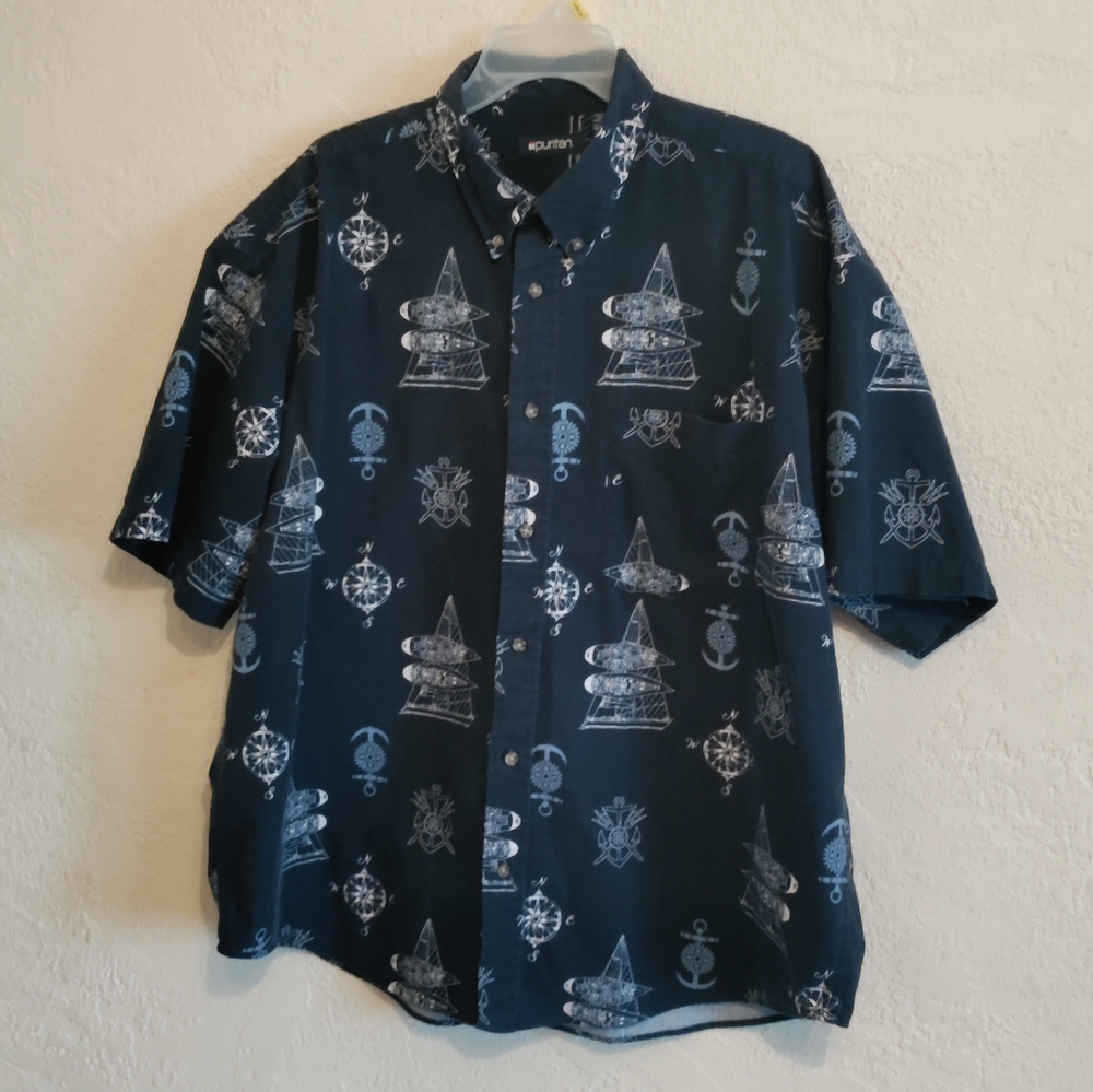 Puritan Mens Casual Nautical theme button up shirt 2XL